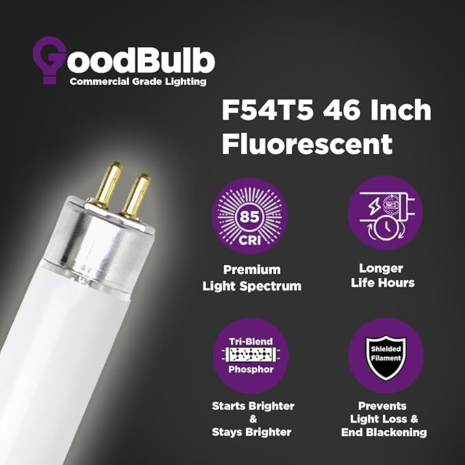 GoodBulb F54T5/865/ECO 54W 46 Inch T5 Fluorescent Light Bulb 6500K Daylight White Color, Medium Bi-Pin Base 4950 Lumens 85 CRI 36000 Life Hours Instant/Programmed Start 40 Bulbs Pack