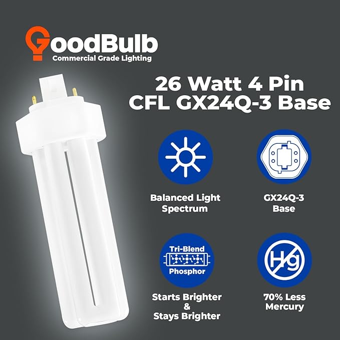 GoodBulb 26 Watt CFL Light Bulbs 4 Pin GX24Q-3 Base 5000K Daylight 26W High Output 1800 Lumens Triple Tube Compact Fluorescent Light Bulbs Plug-in 10 Pack