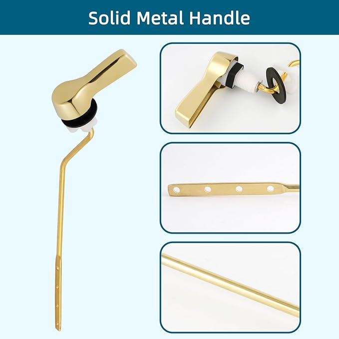 Hygie Rinse Metal Toilet Handle Lever Flush Replacement, 2PCS Universal Side Mount Toilet Handle with Stainless Steel Flapper Chains, Toilet Repair Kit, Shiny Gold