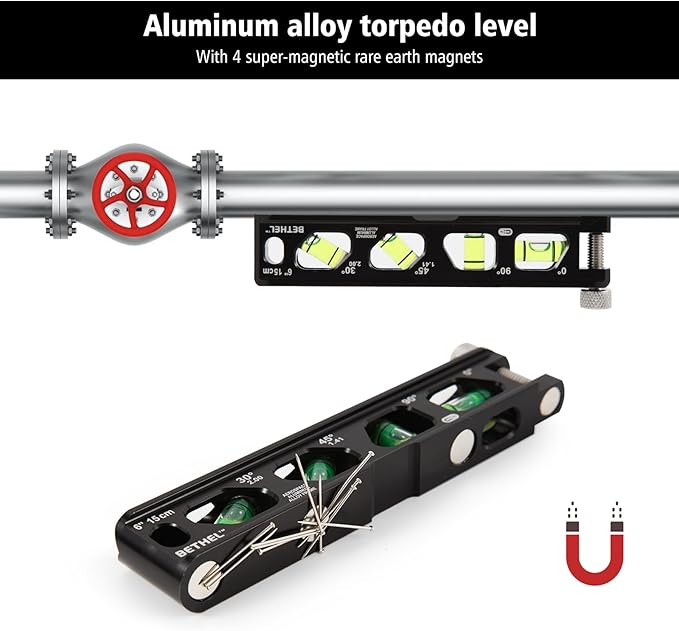 BETHEL 6 Inch Magnetic Torpedo Level with 4 Bubble Vials, V-Groove & Magnetic Rails, Black Aluminum Alloy Construction