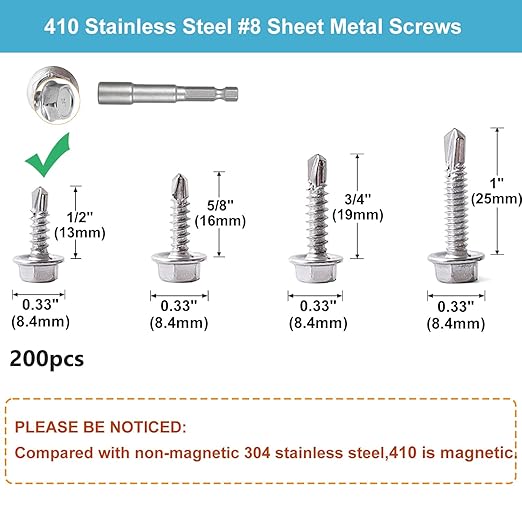 200 PCS #8 x 1/2'' Sheet Metal Screws 410 Stainless Steel Hex Washer Head Fast Self Tapping Screws with Screwdriver