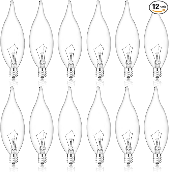 60W Candelabra Light Bulbs, E12 B10 Clear Candle Base Bulb with Warm White 2700K, 600 Lumen Dimmable, 120V Incandescent Chandelier Light Bulbs for Pendants, Ceiling Fan, Wall Sconces (12-Pack)
