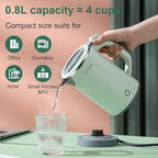 Small Electric Kettle Stainless Steel, 0.8L Portable Tea Kettle Auto Shut-off, Low Power Hot Water Kettle for Camping, Travel, Office and More