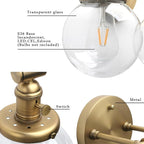 Phansthy 3-Light Wall Sconces Antique Brass Vanity Light, Industrial Wall Lamps with On Off Switch and Clear Glass Lampshade, Vintage Wall Lighting for Bathroom Living Room (Antique, Globe Shade)