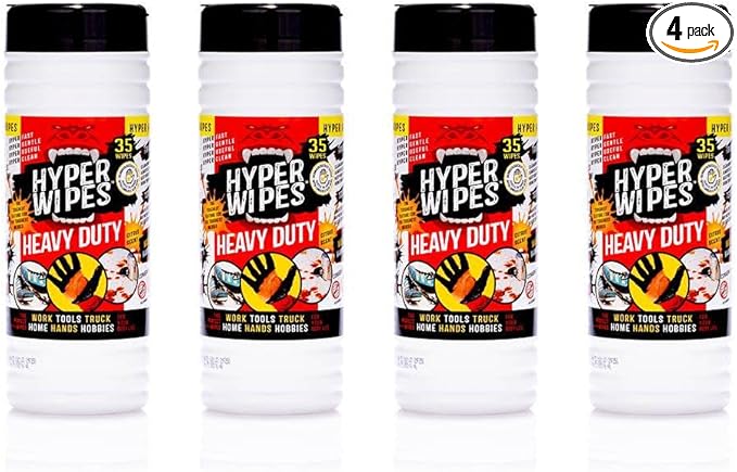 Hyper Wipes, 4 Pack Heavy Duty Hand & Tool Cleaning Wipes, 7"x12" Size Multi-Surface Cleaning Wipes, Degreasing, All Purpose Cleaner, Bathroom, Mechanic, Work Surface Wipes, 140 Count Canister