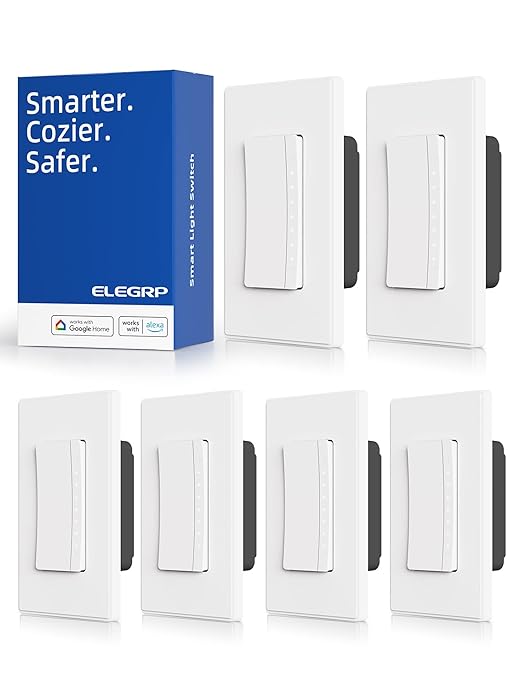ELEGRP Single Pole Smart Dimmer Light Switch DPR10, 2.4GHz Wi-Fi Dimmer Switch Compatible with Alexa and Google Assistant, Needs Neutral Wire, No Hub Required, UL and FCC Listed, White, 6 Pack