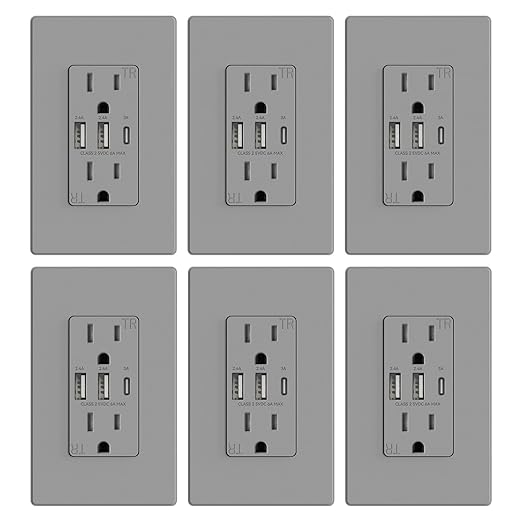 ELEGRP USB Outlets Receptacles, 3-Port Wall Outlet, 30W 6.0A Electrical Outlet, 15 Amp Tamper-Resistant Outlet with Type C Ports, UL Listed, Wall Plate Included, 6 Pack, Matte Gray