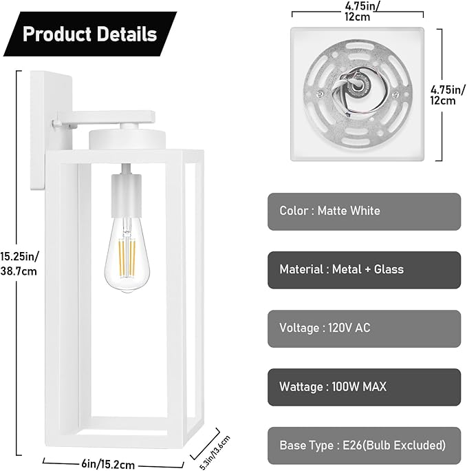 Large Size Outdoor Wall Light Fixtures, Exterior Lighting Fixtures Porch Sconces Wall Mounted, Waterproof White Outdoor Wall Lanterns Lamps, Outside Lights for House Patio Front Door Entryway, 2-Pack