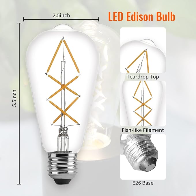 OMED Fishbone Filament LED Edison Bulbs, ST64 E26 Dimmable Vintage Light Bulbs, 60 Watt Equivalent, 4000K Daylight White Teardrop Light Bulbs for Dining Room and Island Kitchen, 600 Lumen, 6 Pack