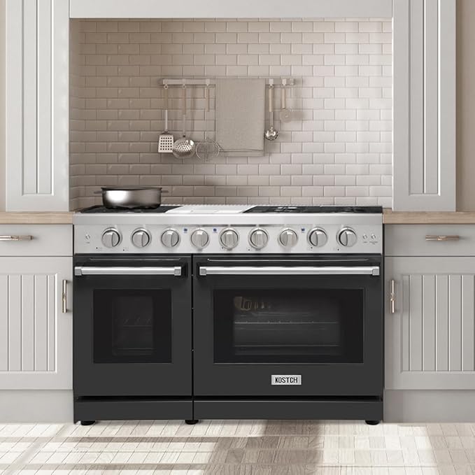 48 Inch Pro-Style Propane Gas Range with 6 Burners & 1 Griddle Cooktop, Double 4.6 cu. ft. and 2.2 cu. ft. Oven, in Stainless Steel - KOS-48RG03MLP (Black)