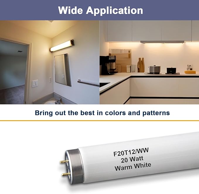 (6Pack) F20T12/WW T12 20W 2ft Fluorescent Tube Light Bulb,F20T12/DSW/RP Soft Warm White,24 inch, Premium Kitchen and Bath,1150 Lumen, 20 watt,3000K