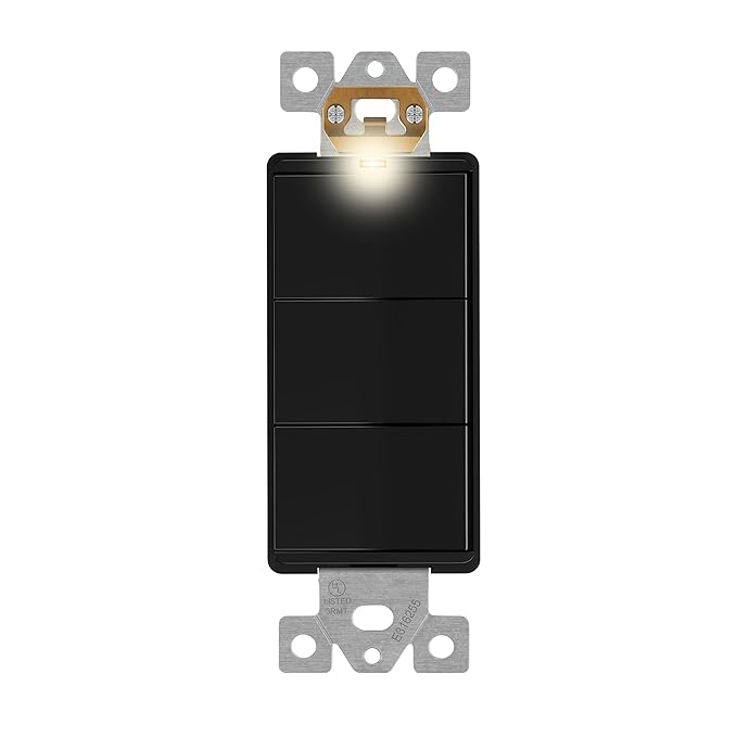 LIDER Minimalist Design Matte Finish Lighted Triple Switch, Combination Frameless Decorator Switch with Locator Light, Ground Terminal, Single Pole, 15A 120-277V, UL Listed, LCS3-1P-BK, Black