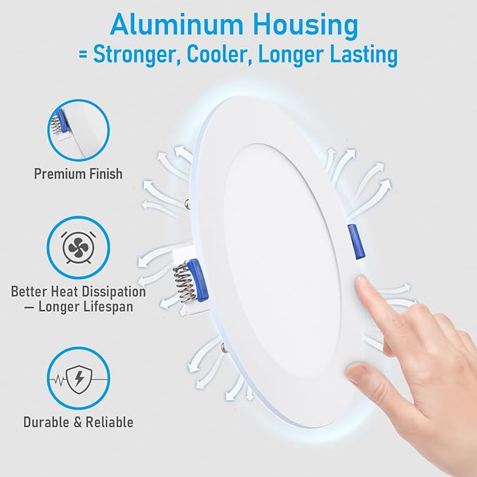 TORCHSTAR Basic Series 12-Pack 6 Inch Ultra-Thin LED Recessed Lighting with Junction Box, CRI90, Aluminum, 5000K Daylight, 5%-100% Dimmable Slim Recessed Downlight, 12W 1100LM, ETL and Energy Star