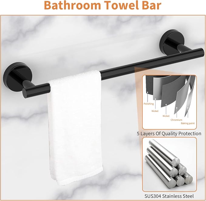 Cilee 10 Piece Matte Black Bathroom Hardware Set,2 Pack 5 Piece Bathroom Accessories Set Include 24 inch,16 inch Toilet Paper Holder, Towel bar,Towel Ring,Towel Hook,Stainless Steel Wall Mounted