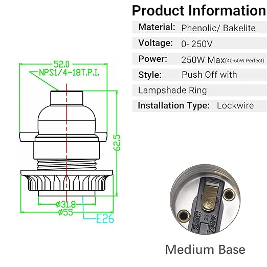 6 Pack Lamp Socket Replacement, Phenolic Medium Base Light Socket, E26 Screw Bulbs Edison Retro Pendant Lamp Holder, Lampshade Ring, 1/8 IP Thread Cap (Lamp Socket Push Off)