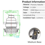 6 Pack Lamp Socket Replacement, Phenolic Medium Base Light Socket, E26 Screw Bulbs Edison Retro Pendant Lamp Holder, Lampshade Ring, 1/8 IP Thread Cap (Lamp Socket Push Off)