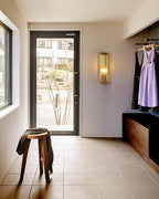 Outdoor Light Fixture, Exterior Wall Sconce, Brushed Brass Frame Wall Light with Clear Glass Shade for Porch, Garage, Patio, Doorway, Hallway