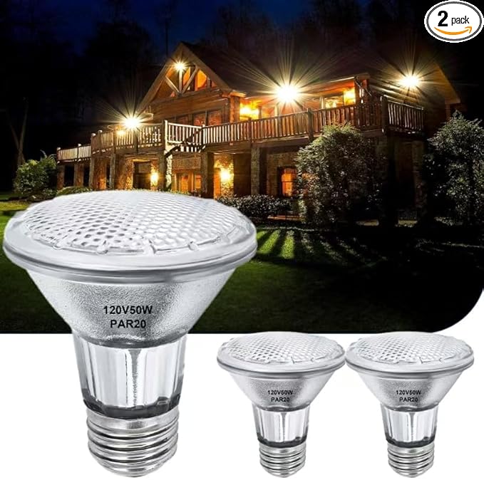 PAR20 Halogen Flood Light Bulbs 2PCS, 50W Equivalent, E26 Medium Base, 2700K Warm White Dimmable for Indoor Spotlight, Range Hood Light Bulbs, Recessed
