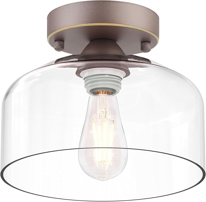 Semi Flush Mount Ceiling Light Bronze, Clear Glass Pendant Lamp Shade, Modern Farmhouse Light Fixture for Hallway Corridor Kitchen Entryway Bedroom, Bulb Not Included