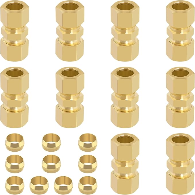 1/2 Inch Compression Fitting,10 Pcs Brass Compression Tube Pipe Fittings, 1/2" OD X 1/2" OD Compression Union Connectors & 10 Pcs Sleeves Ferrules (Pack of 20)