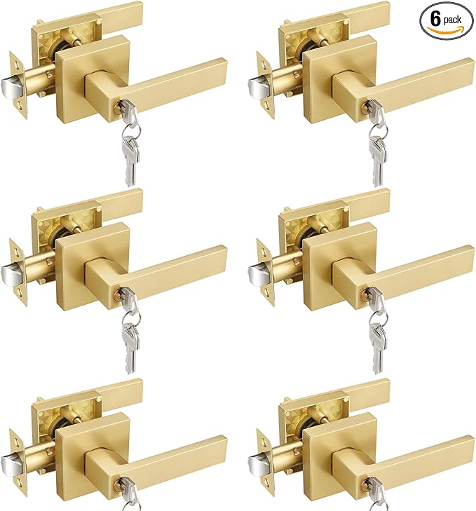EHOMEWARE 6 Pack Modern Gold Door Handles, Entry Door Levers with Keys, Lever Door Handle with Modern Contemporary Design for Home Bedroom or Bathroom Interior or Front Exterior Doors