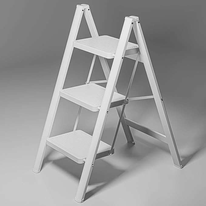 White Step Ladder White 3 Step Folding, Sturdy 330 Lbs Small Step Stool for Adults, Closet Step Stool Ladder with Anti-Slip Wide Pedals, Portable Folding Ladder for Home Kitchen Office