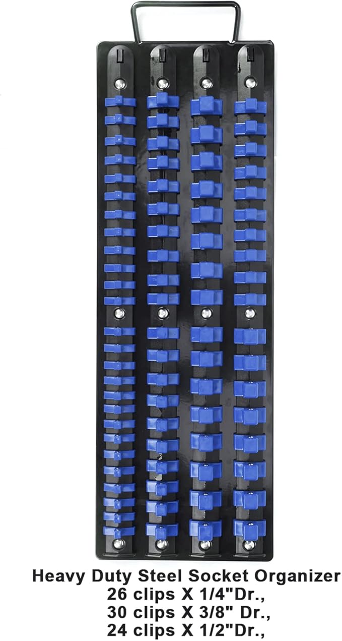 CASOMAN 80-Piece Heavy Duty Socket Organizer Tray, 1/4-Inch, 3/8-Inch, 1/2-Inch,Premium Quality Socket Holders,Black Rails with Blue Clips, Best Unique Tool Gift for Men