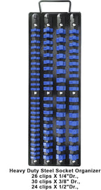 CASOMAN 80-Piece Heavy Duty Socket Organizer Tray, 1/4-Inch, 3/8-Inch, 1/2-Inch,Premium Quality Socket Holders,Black Rails with Blue Clips, Best Unique Tool Gift for Men
