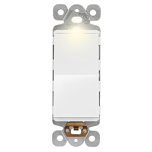 LIDER Minimalist Design Matte Finish Lighted Decorator Switch, Single Pole Frameless Paddle Light Switch with Locator Light, Grounding Screw, 15A 125V, UL Listed, LS15-1P-W, White