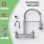 Wall Mount Kitchen Faucet, Hurran Brushed Nickel Kitchen Sink Faucet, 8 Inch 2 Handle Wall Mount Commercial Sink Faucet with Pull Down Sprayer for Kitchen Laundry Room Restaurant