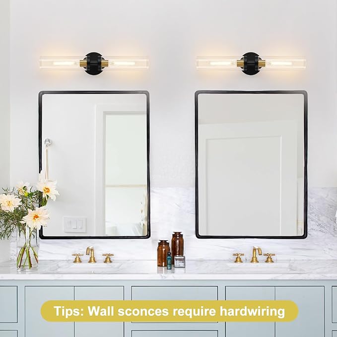 2 Pack 22-Inch Gold and Black Wall Sconces Set of Two, 22" Vanity Lights for Bathroom with Clear Glass, Sconces Hardwired Black and Gold Bathroom Sconces Set of 2 for Mirror Living Room