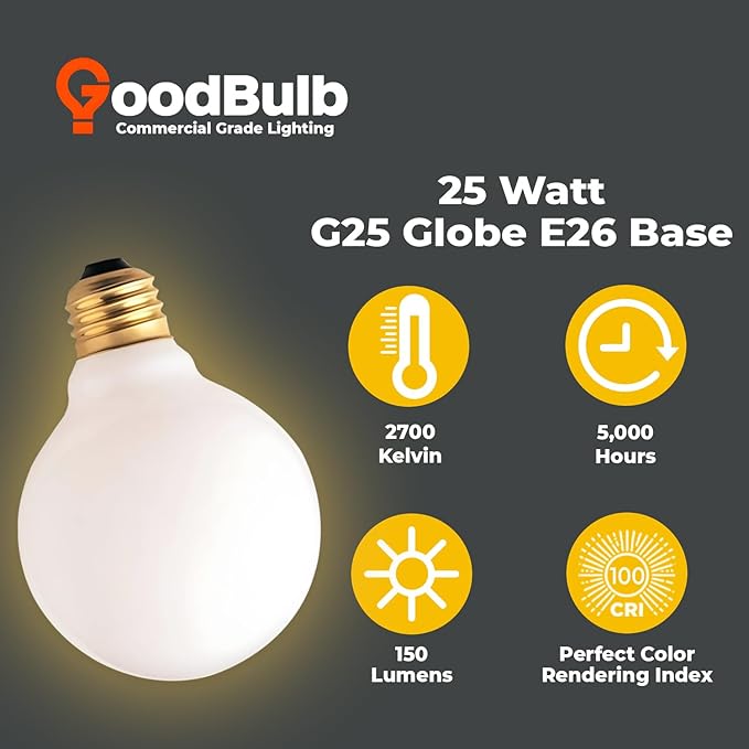 GoodBulb 25-Watt Frosted G25 Light Bulbs Incandescent Restaurant Bulb E26 Medium Base 2700K Warm White 175 Lumens Restaurant Light Bulbs Pack of 10 Bulbs
