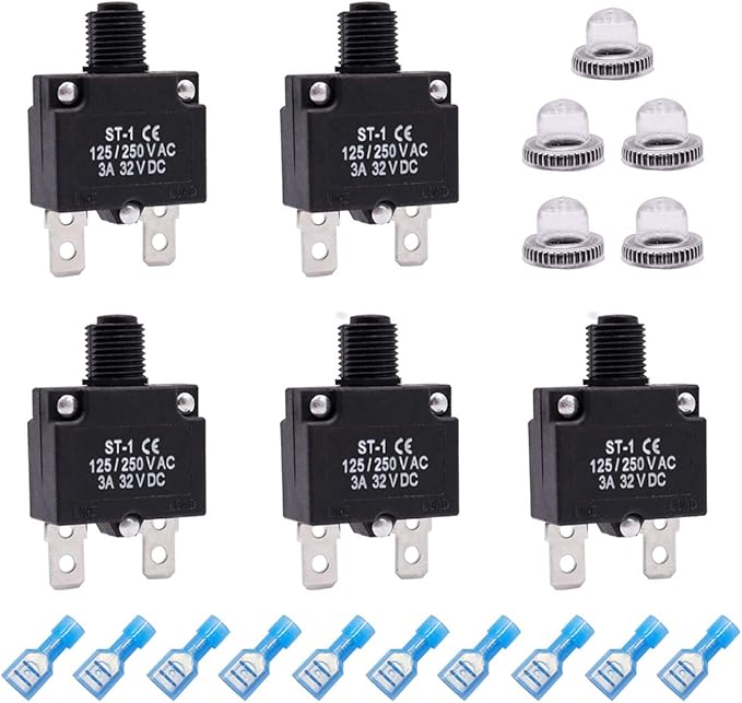 mxuteuk 5Pcs 3Amp Circuit Breakers Push Button Manual Reset 125/250V AC 32V DC,Overload Protector Switch Thermal Circuit Breakers with Quick Connect Terminals and Waterproof Button Caps ST1-5-3A