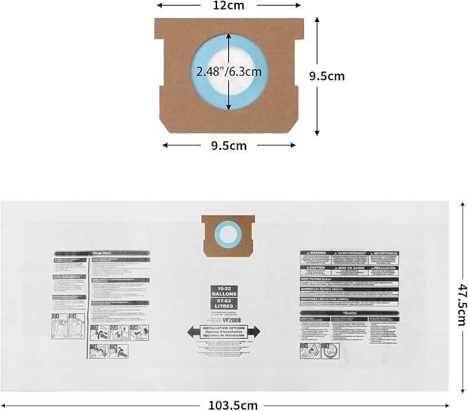for Shop Vac Bags 15-22 Gallon, Type G 90663 9066300; Type J 90673 9067300 and VF2008 High-Efficiency Disposable Dust Collection Vacuum Filter Bags 5 Pack
