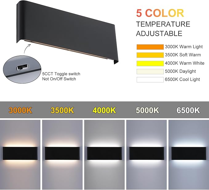 15"Modern LED vanity light,20W Dimmable 5 CCT (3000K-6500K) Adjustable Wall Lamp,Up and Down Wall Lighting,Indoor Wall Sconce for Bedroom,Staircase,Hallway,Dressing Table, 4Pack（Black）