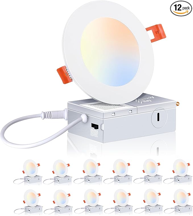 CLOUDY BAY 12 Pack 4 Inch 5CCT Ultra-Thin LED Recessed Ceiling Light with Junction Box,2700K/3000K/3500K/4000K/5000K Selectable,10W Dimmable Canless Wafer Downlight,White, 650LM High Brightness