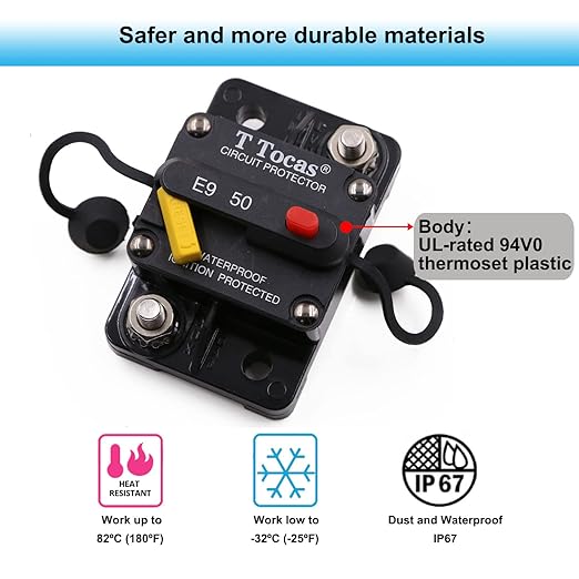 E9 50 Amp Circuit Breaker 12V - 72V DC with Manual Reset | UL Certified Waterproof IP67 | Surface Mount 50A Switch Button with LED Indication