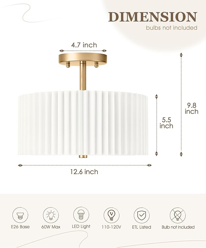 Gold Semi Flush Mount Ceiling Light, 3-Light 12.5" Ceiling Light Fixture with White Pleated Fabric Shade, Drum Lamp for Nursery Hallway Bedroom Kitchen, AD-25036-3SF-GD