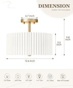 Gold Semi Flush Mount Ceiling Light, 3-Light 12.5" Ceiling Light Fixture with White Pleated Fabric Shade, Drum Lamp for Nursery Hallway Bedroom Kitchen, AD-25036-3SF-GD