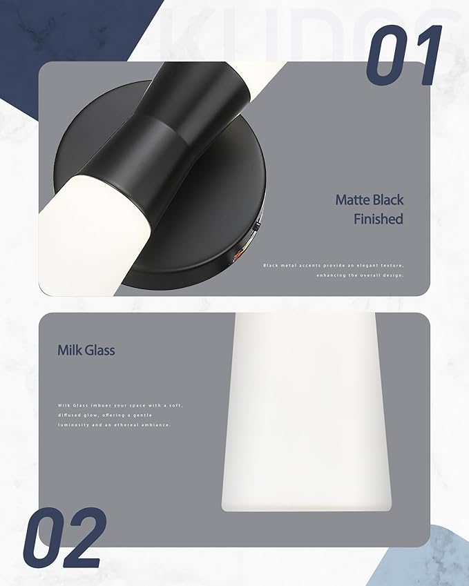 kudos Bathroom Sconces Set of 2, 16inches Black Vanity Light Fixtures, Modern Bathroom Light Fixtures with Milk White Glass, Dimmerable 3000K/4000K/5000K for Bedroom Hallway, KDVL13-BK-2PK