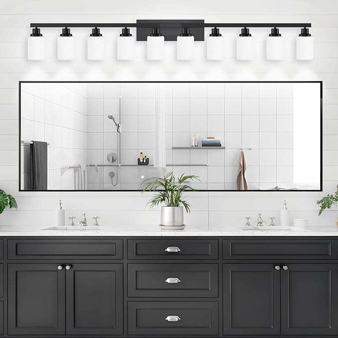 10 Light Bathroom Vanity Lights Over Mirror, 65.4 inch Black Vanity Lights Fixtures with White Glass Shades Matte Black Modern Vanity Lights Black Bathroom Wall Lighting for Mirror Bedroom
