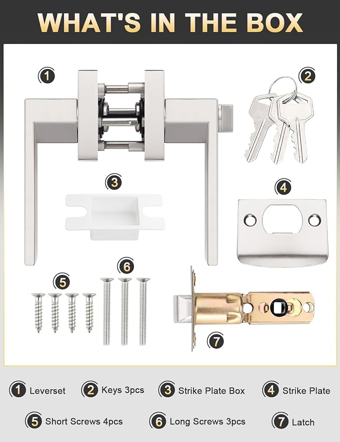 6 Pack Entry Door Levers with Lock and Key, Brushed Nickel Keyed Alike Lockset Combo Pack, Entrance Door Handles for Office and Front Door, Door Knobs Lockset (Each with 3 Keys)