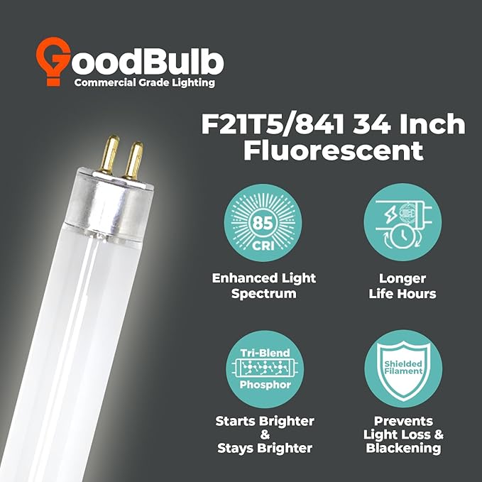 GoodBulb 21-Watt 34 Inch T5 Fluorescent Light Bulb 4100K Cool White Color Medium Bi-Pin Base 2100 Lumens 85 CRI 36000 Life Hours Instant/Programmed Start Pack of 40 Bulbs