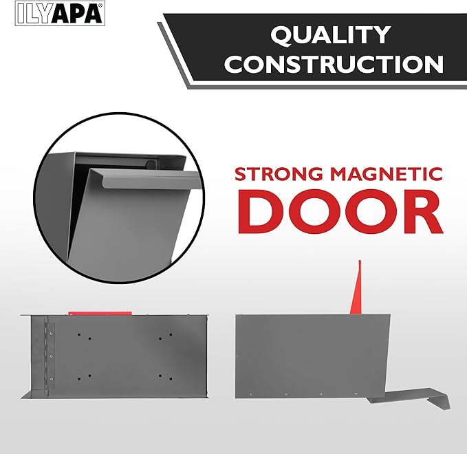Ilyapa Modern Mailbox for Post Mount - Gray with Gray Door Powder Coated Steel, Waterproof Letter Box for Parcels, with Recessed Magnetic Close Door
