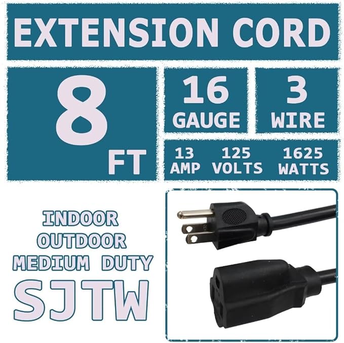 Indoor Outdoor Extension Cord 8 FT Waterproof, 16/3 Gauge Heavy Duty Black Extension Cords, 13A 1625W SJTW Extension Cord with 3 Prong Grounded Plug, Great for Tools, Lights, UL Listed, 2PK