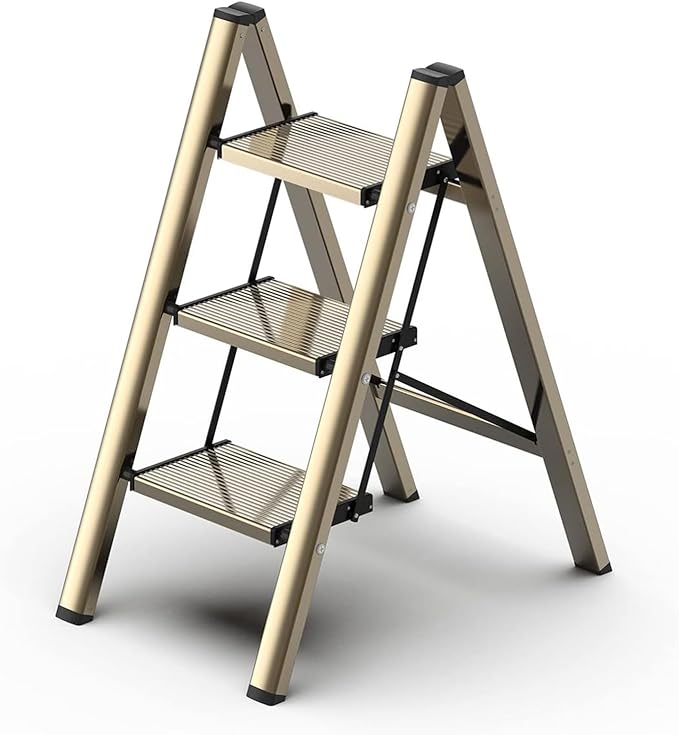 GameGem 3 Step Ladder, Folding Step Stool with Wider Pedal, Anti-Slip Feet & Non Slip Stripes, Aluminum Sturdy Material, 300Lbs Capacity, Elegant Look of Champagne Gold Better Matches Your Home