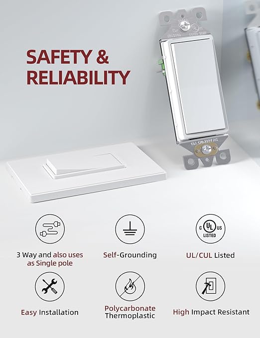 Aida 3-Way Switch - 15Amp, 120/277 Volt Paddle Switch, Self-Grounding, Residential & Commercial Grade, UL Listed (10 Pack, Matte White)