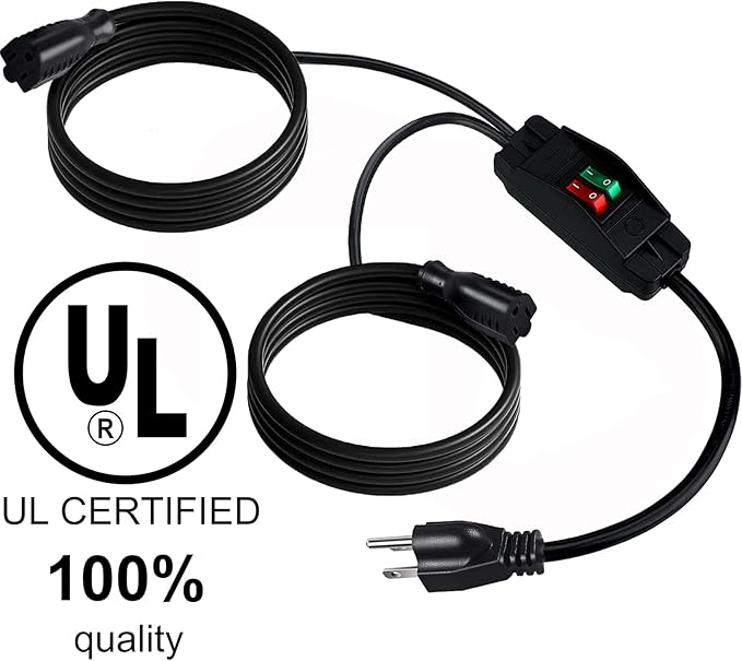 2 Way Extension Cord with On/Off Switch 3 Prong Outdoor Extension Cord Splitter, Heavy Duty Extension Cord with SJTW 14AWG 15A/125V and 18AWG 10A/125V(6 Ft, Black)