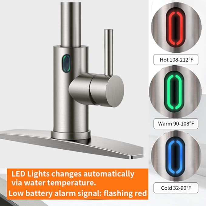 Touch-Less Kitchen Faucet, 3 Modes Pull Down Sprayer, LED Temperature Control,Ceramic Valve, 360-Degree Rotation, 1 or 3 Hole Deck Plate. 10-Year Warranty. (KW-79SN, Brushed Nickel)