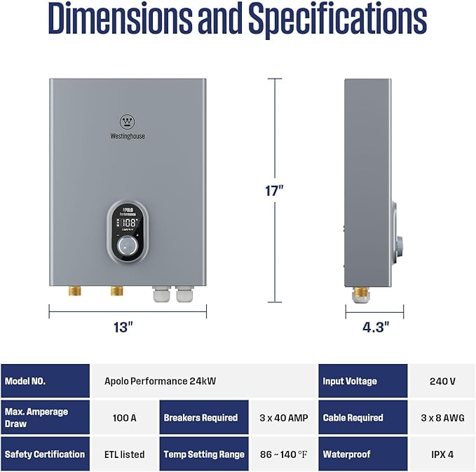 Westinghouse 24kW 240V Electric Tankless Water Heater, Instant Hot Water Heater, On Demand Hot Water, Smart WiFi Control, Works with Alexa & Google Home, ETL Certified, IPX4, Gray